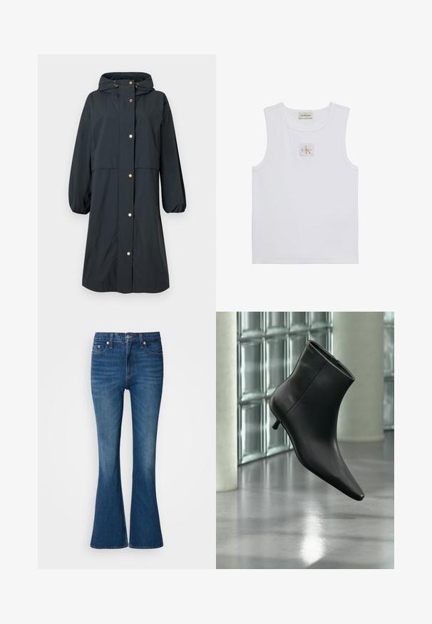 Imperméable bleu foncé avec capuche, poignets élastiques, fermetures à boutons dorés, coupe décontractée et design mi-long.; Débardeur blanc sans manches avec étiquette Calvin Klein Jeans sur la poitrine et une étiquette près de l'encolure sur fond blanc uni.; Jean flare bleu avec un délavage, comportant un bouton et une fermeture éclair, des poches avant et une ouverture de jambe légèrement plus large en bas.; Bottine en cuir noir à bout pointu et petit talon kitten, présentée en angle devant un sol poli et un mur en blocs de verre.