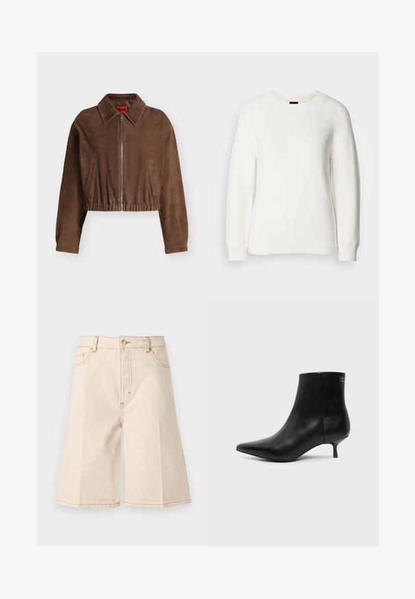 Veste courte en daim marron avec fermeture éclair à l'avant, large col, ourlet élastique et deux poches latérales verticales.; Pull en maille blanc à manches longues avec col rond et poignets et ourlet côtelés, présenté sur un fond clair uni.; Shorts en denim beige taille haute longueur au genou avec bouton et fermeture éclair à l'avant, passants pour ceinture, ainsi que poches latérales et poche monnaie.; Bottine en cuir noir avec bout pointu et petit talon kitten sur fond clair, vue côté extérieur.