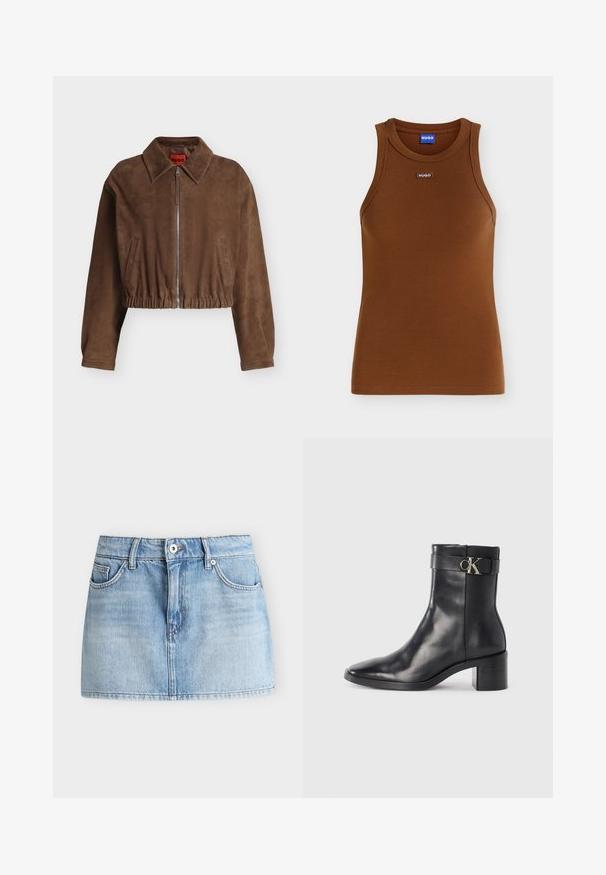 Veste courte en daim marron avec fermeture éclair à l'avant, large col, ourlet élastique et deux poches latérales verticales.; Débardeur marron côtelé sans manches avec encolure ronde et petit patch logo HUGO au centre devant sous le col.; Mini-jupe en denim bleu clair avec fermeture devant par bouton et zip, deux poches avant et passants pour ceinture.; Botte de cheville en cuir noir avec un bout pointu, un talon carré et une sangle avec un détail de logo métallique. Texture lisse et design minimaliste.