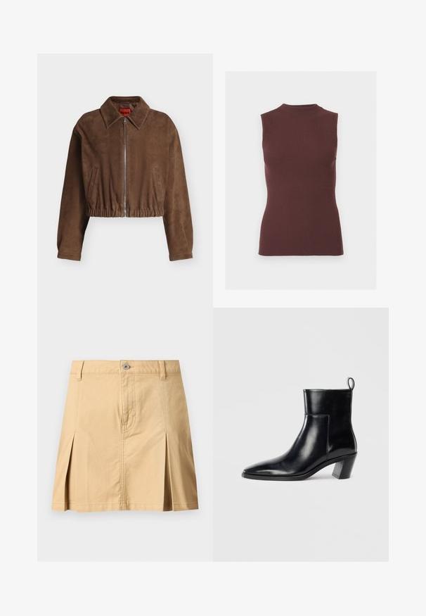Veste courte en daim marron avec fermeture éclair à l'avant, large col, ourlet élastique et deux poches latérales verticales.; Top sans manches en maille côtelée marron foncé avec col montant et silhouette ajustée.; Jupe beige longueur genou avec passants de ceinture, fermeture à boutons sur le devant, deux plis avant et coutures visibles sur fond uni.; Bottine en cuir noir avec un bout pointu, un talon empilé géométrique et une languette à l'arrière. Texture lisse et design épuré.