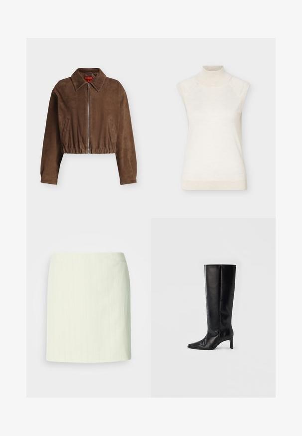 Veste courte en daim marron avec fermeture éclair à l'avant, large col, ourlet élastique et deux poches latérales verticales.; Pull sans manches à col roulé crème avec col et ourlet côtelés, présenté sur un fond clair uni.; Jupe crayon ivoire longueur genou avec de subtiles fines rayures verticales et une taille cintrée.; Bottes noires montantes en cuir lisse, avec un bout pointu et un talon fin, une tige ajustée et un design minimaliste.