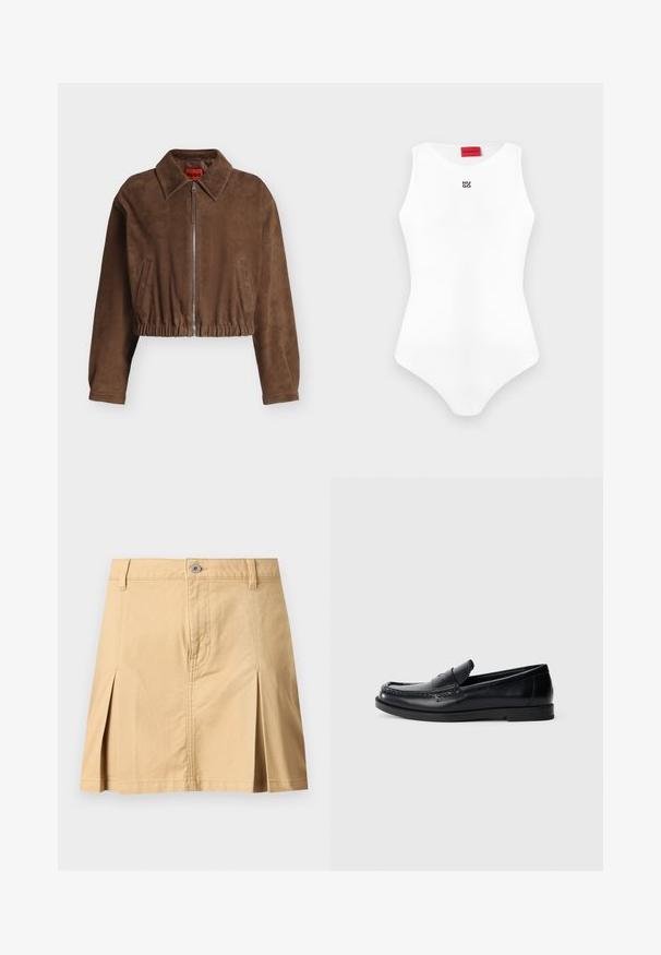 Veste courte en daim marron avec fermeture éclair à l'avant, large col, ourlet élastique et deux poches latérales verticales.; Body blanc sans manches, ajusté, avec encolure ronde et petit logo noir "HUGO" sur la poitrine, étiquette de marque rouge à l'intérieur du col.; Jupe beige longueur genou avec passants de ceinture, fermeture à boutons sur le devant, deux plis avant et coutures visibles sur fond uni.; Mocassins en cuir noir avec un design d'accent cousu, bout rond, semelle plate en caoutchouc et finition lisse. Silhouette classique et polyvalente.