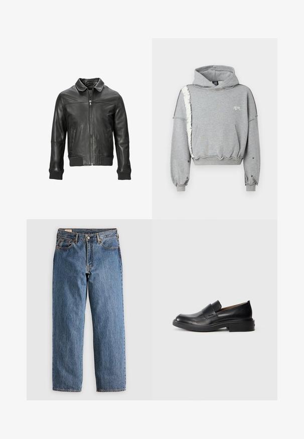 Zwarte leren bomberjack met een flinke rits aan de voorkant, geribbelde manchetten en zoom, en een kleine kraag. Kenmerkend door de soepele textuur en minimalistisch ontwerp.; Lichtgrijze cropped hoodie van een katoenmix, met een trekkoord bij de capuchon, een voorkantzak en een rafelige linkerkantnaad met ribgebreide manchetten.; Blauwe denim jeans met een rechte snit, met een hoge taille, koperen klinknagels en oranje stiksels. Voor- en achterzakken inbegrepen.; Zwarte leren instap schoenen met een lage hak en subtiel Calvin Klein-logo aan de zijkant, weergegeven in profiel op een witte achtergrond.