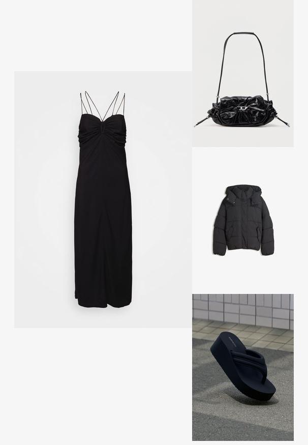 Schwarze Pufferjacke mit hohem Kragen und Kapuze, ausgestattet mit einem gesteppte Design, Druckknöpfen und zwei Seitentaschen. Weicher, strukturierter Stoff.; DESIGNERS REMIX VALERIE MIDI TIE DRESS - Cocktailkleid/festliches Kleid - black; Schwarze Plateau-Zehensandale mit gepolsterten Riemen, schräg auf strukturiertem Boden vor einem gekachelten Wandhintergrund positioniert.; Schwarze Lederhandtasche mit gerafftem Design und Schleifendetail auf der Vorderseite. Verfügt über einen kurzen Griff und silberne Hardware-Akzente.