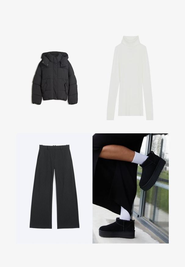 Veste matelassée noire avec un col haut et une capuche, dotée d'un design matelassé, de boutons-pression et de deux poches latérales. Tissu doux et texturé.; Pull à col roulé blanc côtelé avec des manches longues, texture douce, et un col roulé haut, doté d'une coupe ajustée et sans fermetures visibles.; Pantalon large noir à fines rayures blanches, avec passants de ceinture, poches avant et fermeture avant dissimulée.; Bottines en cuir suédé noir à semelle plate, avec une languette arrière, portées avec des chevilles blanches sur un fond minimaliste.