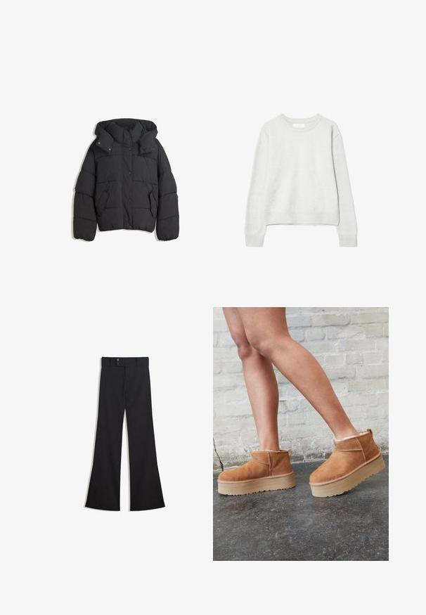 Sort pudejakke med høj krave og hætte, med en quiltet design, trykknapper og to sidelommer. Blødt, struktureret stof.; Lysegrå langærmet crewneck-trøje med ribbede manchetter og kant, lavet af blødt strikket stof, vist på hvid baggrund.; Sorte vidde bukser med høj talje, dobbelte knapper ved linningen og lynlås foran, lagt fladt på en hvid baggrund.; Brune ruskinds ankelsko med en blød foring, tyk beige plattformsål og en bageste løkke. Tekstureret overflade med synlige sømdetaljer.