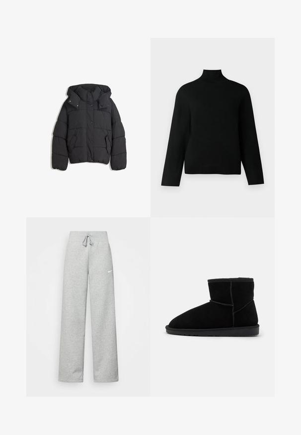 Schwarze Pufferjacke mit hohem Kragen und Kapuze, ausgestattet mit einem gesteppte Design, Druckknöpfen und zwei Seitentaschen. Weicher, strukturierter Stoff.; Schwarzer Rollkragenpullover aus weichem Strickstoff, mit langen Ärmeln und einem entspannten Schnitt. Glatte Textur ohne sichtbare Muster oder Akzente.; Graue Jogginghose mit elastischem Bund, Kordelzug und kleinem weißen Nike-Logo am linken Oberschenkel. Weicher Stoff, locker sitzend.; Schwarze Wildleder-Stiefeletten mit runder Zehenpartie, auf einer flachen Gummisohle. Sie verfügen über minimalistische Nähte und ein weiches Innenfutter.
