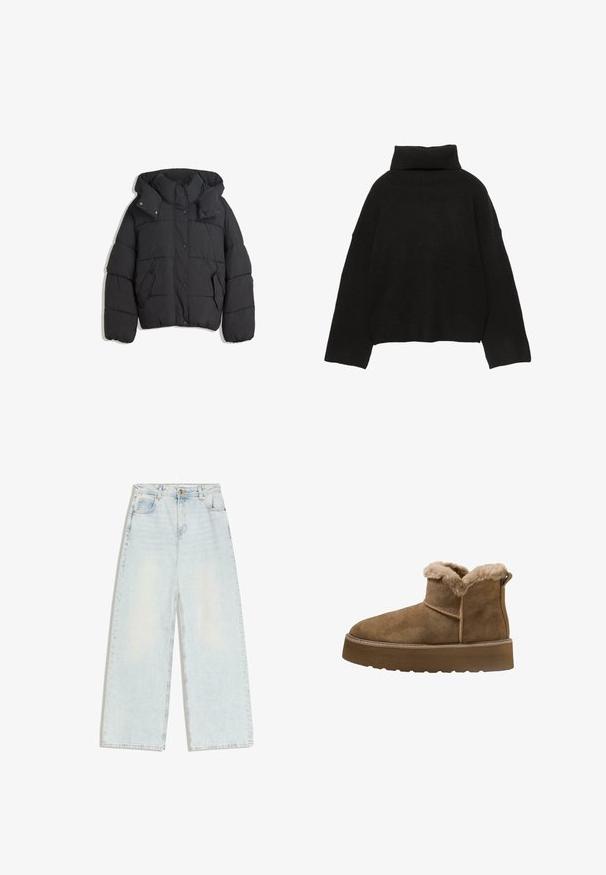 Schwarze Pufferjacke mit hohem Kragen und Kapuze, ausgestattet mit einem gesteppte Design, Druckknöpfen und zwei Seitentaschen. Weicher, strukturierter Stoff.; Schwarzer, gestrickter Pullover mit hohem, geripptem Rollkragen und abfallenden Schultern. Verfügt über eine lockere, kastige Passform sowie gerippte Bündchen und Saum.; Hellblaue Jeans mit weitem Bein, fünf Taschen, Gürtelschlaufen und einem Knopfverschluss an der vorderen Bundkante.; Braune Wildleder-Ankle-Boots mit Kunstfellfutter, runder Spitze und dickem Plateausole; verfügen über eine gestickte Naht und eine Schlaufe an der Rückseite.