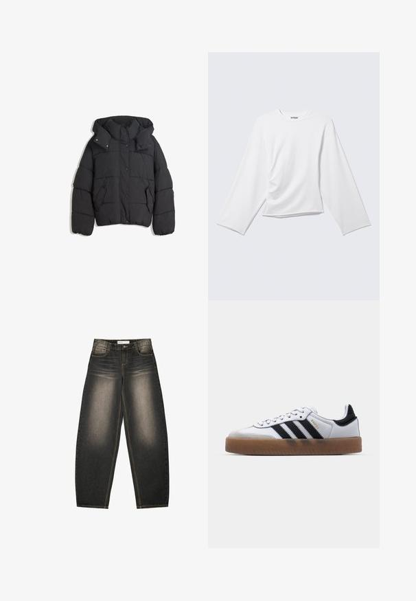 Schwarze Pufferjacke mit hohem Kragen und Kapuze, ausgestattet mit einem gesteppte Design, Druckknöpfen und zwei Seitentaschen. Weicher, strukturierter Stoff.; Schlichtes weißes Langarmshirt mit Rundhalsausschnitt, dezentem Drapierelement vorne und leicht lockerem Sitz.; Graue Denim-Jeans mit weitem Bein und leichter Ausbleichung, fünf Taschen, kontrastierenden Nähten und einer lockeren Passform. Keine sichtbaren Muster oder Verzierungen.; Weiße Leder Sneakers mit schwarzen Streifen, Gummigummi-Außensohle, runder Zehenform, Schnürverschluss und weichem grauem Wildleder-Zehenkappe.