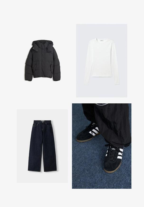 Zwarte pufferjack met een hoge kraag en capuchon, met een doorgestikt ontwerp, drukknoopsluitingen en twee zijzakken. Zacht, textuurstof.; Effen wit shirt met lange mouwen en ronde hals, slim fit, afgebeeld tegen een lichtgrijze achtergrond.; Donkerblauwe denim wijduitlopende jeans met een hoge taille, vijf zakken, contrasterende stiksels en zilveren metalen hardware. Gladde textuur en een nette afwerking.; Zwarte suède sportschoenen met drie witte strepen en zwarte veters. Een gestructureerde zwarte broek is deels zichtbaar naast de schoenen.
