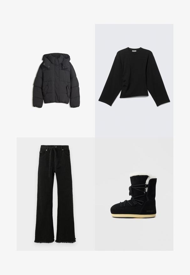 Schwarze Pufferjacke mit hohem Kragen und Kapuze, ausgestattet mit einem gesteppte Design, Druckknöpfen und zwei Seitentaschen. Weicher, strukturierter Stoff.; Schwarzes Langarmshirt mit Rundhalsausschnitt, lockeren Ärmeln und einem weißen Etikett am Kragen mit der Aufschrift "WEEKDAY" auf hellgrauem Hintergrund.; Schwarze Jeans-Hosen mit weitem Bein, hoher Taille, Kordelzug, fransigem Saum und fünf Taschen. Hergestellt aus robustem, strukturiertem Stoff.; Schwarze Wildlederstiefel mit weißem Fellfutter, mit einer Schnürung vorne, gepolstertem Knöchelstütze und einer Gummisohle für Bodenhaftung.