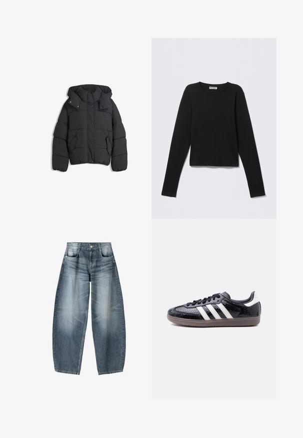 Veste matelassée noire avec un col haut et une capuche, dotée d'un design matelassé, de boutons-pression et de deux poches latérales. Tissu doux et texturé.; Chemise noire à manches longues avec col rond, étiquette "Weekday" au niveau du col, présentée sur un fond gris clair uni.; Jean large en denim bleu clair avec décoloration, présentant un design à cinq poches, un bouton de fermeture et des détails de couture minimaux.; Baskets noires profilées avec motif en relief imitation peau de serpent, bandes blanches sur le côté, lacets noirs et semelle translucide marron.
