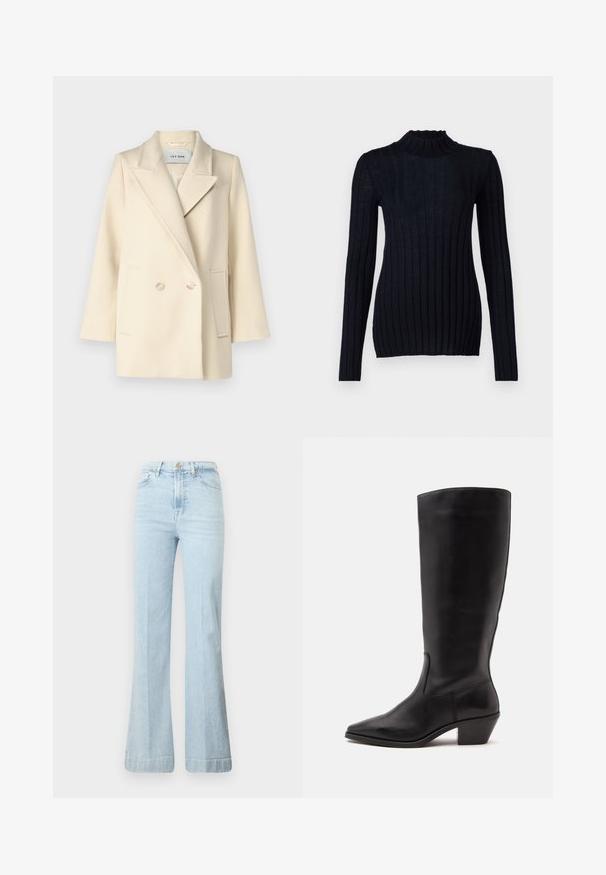 Cremefarvet dobbeltradet frakke med klapkrave, sidelommer og lyse knapper. Glat, struktureret stof med minimal tekstur.; Mørkeblå ribbet turtleneck sweater med lange ærmer, der har en tætsiddende silhuet og tekstureret stofdetalje.; Lyseblå flagrende jeans lavet af denim. Har høj talje, lynlåsog to forlommer. Subtilt slid på stoffet, ren søm.; Sort læderstøvle til midtkalv med spids tå og lavt skråt hæl på en enkel lys baggrund.