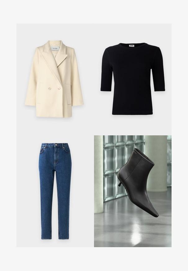 Cremefarvet dobbeltradet frakke med klapkrave, sidelommer og lyse knapper. Glat, struktureret stof med minimal tekstur.; Sort ribbet t-shirt med rund halsudskæring og trekvart ærmer. Stoffet har en glat tekstur og lige kant. Ingen synlig branding.; Højtaljede blå denimjeans med lige ben, fem lommer, metalknaplukning og syede detaljer langs sømmene.; Sort læderankelstøvle med spids tå og lille hæl vist mod en væg af glasblokke og poleret gulv baggrund.