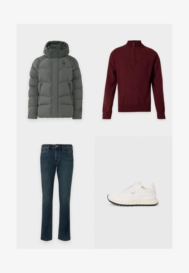 Veste à capuche matelassée de couleur gris foncé, avec des poches latérales zippées, une texture lisse et un tissu durable avec une finition mate.; Pull en maille bordeaux à manches longues avec un col montant côtelé et une courte fermeture éclair devant. Poignets et ourlet côtelés.; Jean en denim droit bleu foncé avec fermeture à bouton et à glissière, poches avant et arrière, et un léger délavage sur les cuisses.; Baskets blanches avec une tige en cuir lisse, des accents latéraux texturés et une semelle en caoutchouc noire. Présente un logo sur le côté et des lacets épais.