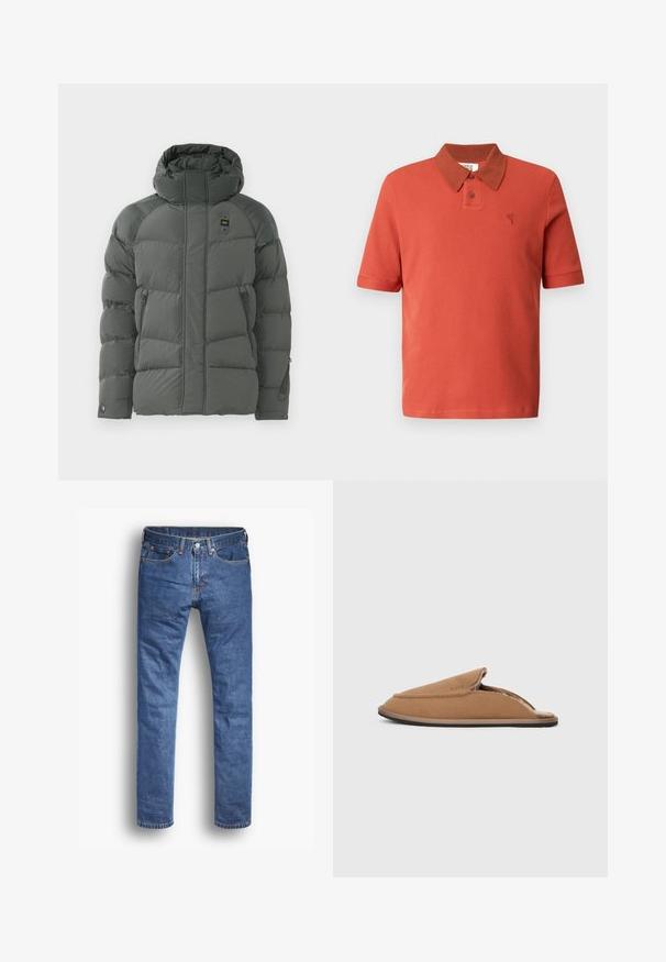 Veste à capuche matelassée de couleur gris foncé, avec des poches latérales zippées, une texture lisse et un tissu durable avec une finition mate.; Polo à manches courtes rouge brique, tissu texturé, avec un col marron contrastant, deux boutons et un logo brodé.; Jean en denim de couleur bleu moyen avec une coupe droite, comportant cinq poches, une fermeture à bouton et à zip, et des accents de couture discrets.; Chaussons en tissu brun avec une doublure intérieure douce, design à enfiler, bout arrondi et semelle en caoutchouc plate. Présente des détails de couture minimaux.