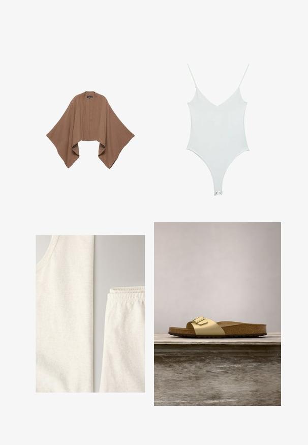 Poncho marron ample à ouverture sur le devant avec de larges manches fluides en tissu texturé sur fond blanc.; Bodysuit blanc avec des bretelles fines, décolleté en V et texture lisse. Présente une fermeture à pression en bas et une silhouette ajustée.; Débardeur en coton beige doux et short assorti à taille élastique, posés à plat sur un fond neutre.; Sandale glissante synthétique dorée avec une seule sangle et un accent de boucle, dotée d'un pied en liège brun et d'une semelle en caoutchouc texturé.