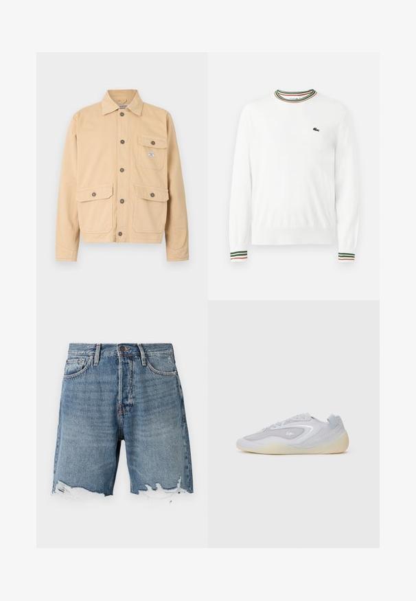 Beige lærred jakke med knaplukning foran, to store forlommer med klapper og en lille brystlomme. Standard krave og lange ærmer.; Hvid sweater med rund hals, prydet med grønne, røde og orange striber på kraven og ærmerne. Lacoste-logo på brystet.; Lys blå denimshorts med en slidt kant, fem-lomme design og synlig syning. Har en knaplukning i taljen.; Lysegrå sneakers med tekstureret mesh og ruskindsdetaljer. Rundet tå, tonale snørebånd og en let gennemsigtig gummisål. LogoDetalje til stede.