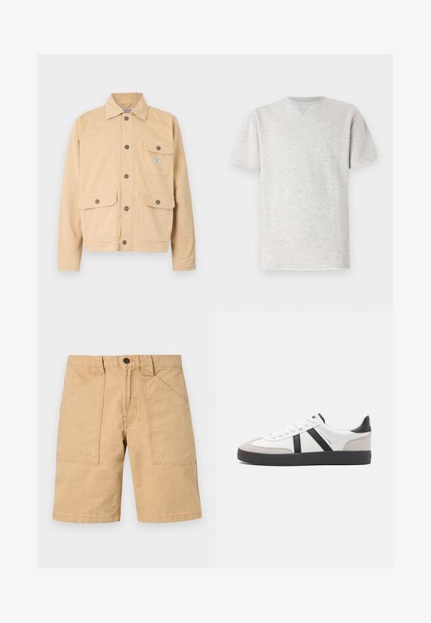 Beige lærred jakke med knaplukning foran, to store forlommer med klapper og en lille brystlomme. Standard krave og lange ærmer.; Grå t-shirt med korte ærmer lavet af blødt stof. Har en klassisk rund hals og en afslappet pasform med en subtil meleret tekstur.; Khaki shorts lavet af bomuld med en ru tekstur, der har to forlommer og en knaplukning i taljen.; Hvide sneakers med sorte og grå detaljer, med en tekstureret grå tåhætte, sort gummisål og flade hvide snørebånd. Rent design, minimalistisk stil.