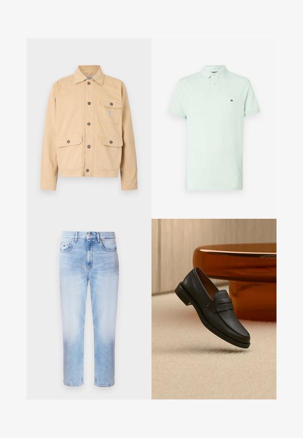 Beige lærred jakke med knaplukning foran, to store forlommer med klapper og en lille brystlomme. Standard krave og lange ærmer.; Lys grøn polo-shirt med krave, korte ærmer, to knapper og et lille logo på venstre side. Blødt bomuldsstof, glat tekstur.; Lyseblå denim jeans med lige ben, fem lommer og knaplukning. En falmet struktur er tydelig over hele stoffet.; Sort læder herreloafer med bånd tværs over toppen, vist på beige tæppe nær et brunt moderne rundt bord.
