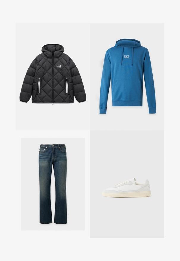Zwarte gewatteerde jas met capuchon, voorrits, twee met rits afgesloten zakken met reflecterende accenten, en het EA7 Emporio Armani-logo op de borst.; Blauwe capuchonsweater met voorzak en EA7 Emporio Armani-logo in het midden van de borst, met trekkoorden op de capuchon.; Blauwe rechte spijkerbroek met vijf zakken en subtiele vervaagde details op dijen en knieën, getoond tegen een effen achtergrond.; Witte sneaker met een bovenwerk van gestructureerd suède en leer. Voorzien van een afgeronde neus, vetersluiting en een contrasterende beige rubberen zool.