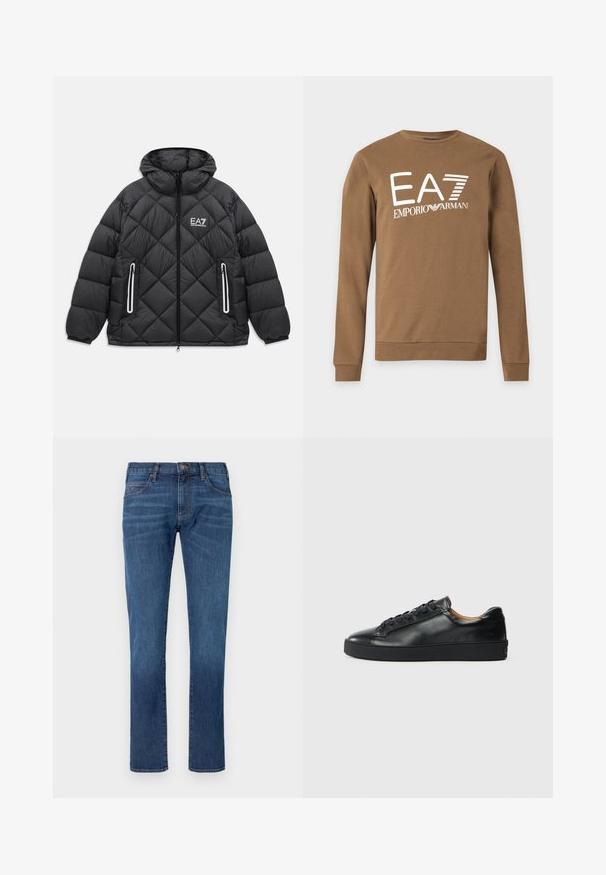 Mustmust nahkjakker, millel on kapuuts, ees luku, kaks lukuga taskut peegeldavate äärtega ja EA7 Emporio Armani logo rinnal.; Pruun pikkade varrukatega dressipluus ees valge "EA7 Emporio Armani" logoga, ümar kaeluse ja soonikkoes varrukaservadega.; Sinised teksapüksid sirgete sääreotstega, klassikalise viiepokimustriga ja nööpsulguga. Kangast pisut tuhmunud efekt.; Musthave nahkast kingad sujuva tekstuuriga, ümara toe jastringsidega sulgemisega. Omab paksu kummist tallat ja minimaalset brändi detaili.