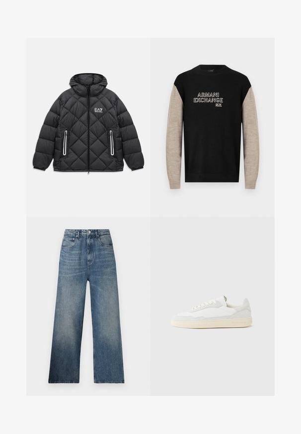 Čierna prešívaná bunda s kapucňou, predným zipsom, dvoma zipsovými vreckami s reflexnými detailmi a logom EA7 Emporio Armani na hrudi.; Čierno-béžový sveter s dlhými rukávmi, vybavený okrúhlym výstrihom a logom "ARMANI EXCHANGE N.Y." v kontrastnom bielom prešívaní.; Modré rifľové nohavice s širokými nohavicami a vysokým pásom, s jemným zosvetlením, piatimi vreckami a kovovým zapínaním vpredu.; Biela teniska s jemne štruktúrovaným zvrškom zo semišu a kože. Má zaoblenú špičku, viazanie na šnúrky a kontrastnú béžovú gumovú podrážku.