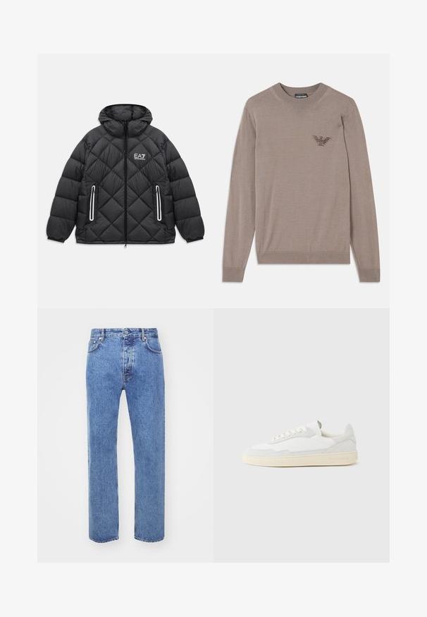 Mustmust nahkjakker, millel on kapuuts, ees luku, kaks lukuga taskut peegeldavate äärtega ja EA7 Emporio Armani logo rinnal.; Beige kampsun pikade varrukatega, ümmargune kaelus, ribadeta lõpp ja tikandiga logo rinnas. Valmistatud pehmest, kergest kangast.; Won Hundred STEVE - Avar lõikega teksad - cut blue; Valge tennisejalanõu, mille ülemine osa on valmistatud tekstuurse seemisnahast ja nahast. Omab ümarat ninaosa, paeltega sulgurit ja kontrastset beeži kummist tallaga.