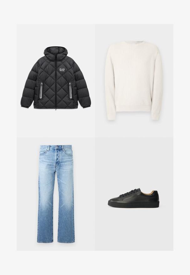 Mustmust nahkjakker, millel on kapuuts, ees luku, kaks lukuga taskut peegeldavate äärtega ja EA7 Emporio Armani logo rinnal.; Helebeežikaaniga helebeež kudum, ümar kaelus ja pikad varrukad. Iseloomulik tekstureeritud kangas ja vormitud mansetid, pakkudes lõdvestunud siluetti.; Hele sinised teksapüksid sirge säärega, viie taskuga, nööpidega kinnitatav ja kerged tuhmid reitel ja põlvedel.; Mustad mustade nahast madalad sneakersid tekstureeritud pinnaga, mustade paeltega ja paksu kummitaldaga, kujutatud külgvaates heledal taustal.