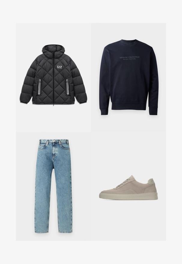 Schwarze gesteppte Jacke mit Kapuze, frontaler Reißverschluss, zwei mit Reißverschluss gesicherte Taschen mit reflektierenden Streifen und EA7 Emporio Armani Logo auf der Brust.; Marineblaue Sweatjacke aus weichem Material mit Rundhalsausschnitt und gerippten Bündchen, versehen mit prägnantem "ARMANI EXCHANGE MILANO / NEW YORK" Schriftzug.; Hellblaue Denim-Jeans mit geradem Bein Schnitt, fünf Taschen und Messing-Knopfverschluss. Der Stoff hat eine leicht strukturierte, verblasste Optik.; Beige Wildledersneaker mit strukturierter Oberfläche, abgerundeter Zehenpartie und tonalen Schnürsenkeln. Verfügt über eine dicke Gummisohle und dezente Markenkennzeichnung an der Ferse.
