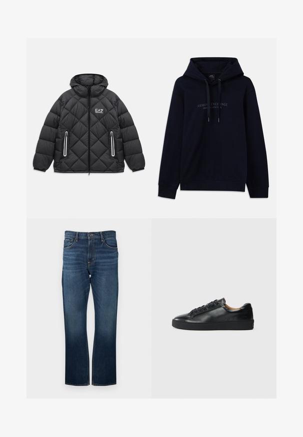 Sort quiltet jakke med hætte, frontlynlås, to lynlåslommer med reflekterende kanter, og EA7 Emporio Armani logo på brystet.; Marineblå hoodie med snoretræk og "Armani Exchange Milano / New York" trykt på brystet, med ribbede manchetter og kant.; Mørkeblå cowboybukser i denim med lige ben, synlige syninger og en standard linning med lukning med metalknap.; Sorte lædersneakers med en glat overflade, rund tå og snørebåndslukning. Har en tyk gummisål og minimal branddetalje.