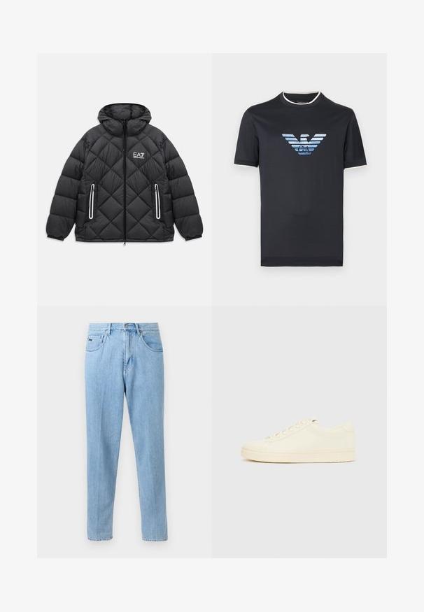 Sort quiltet jakke med hætte, frontlynlås, to lynlåslommer med reflekterende kanter, og EA7 Emporio Armani logo på brystet.; Mørkeblå bomuld T-shirt med korte ærmer, med en gradientørnelogo i nuancer af blå og hvid kant langs kraven.; Lyseblå denimjeans med lige ben, forlommer, bæltestropper og knaplukning på en neutral baggrund.; Sneaker i cremefarve med en glat læderoverdel, rundet tå, snørelukning foran og en tekstureret gummisål. Minimalistisk design uden logoer.