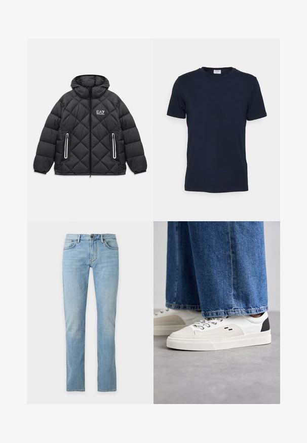 Zwarte gewatteerde jas met capuchon, voorrits, twee met rits afgesloten zakken met reflecterende accenten, en het EA7 Emporio Armani-logo op de borst.; Marineblauwe crewneck t-shirt gemaakt van zachte stof. Korte mouwen met een klassieke pasvorm, met een label aan de hals. Soepele textuur, minimale uitstraling.; Lichtblauwe rechttoe-rechtaan spijkerbroek met voorzakken, riemlussen en een knoopsluiting op een effen achtergrond.; Witte en zwarte sneakers met een glad leren bovenwerk, textuuraccenten en een chunky witte zool. Heeft een klassiek vetersluiting ontwerp.