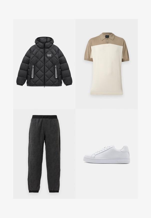 Čierna prešívaná bunda s kapucňou, predným zipsom, dvoma zipsovými vreckami s reflexnými detailmi a logom EA7 Emporio Armani na hrudi.; Béžové a smotanovo-biele polokošeľa s krátkym rukávom, dvoma gombíkmi a golierom, vyrobená z ľahkého pleteného materiálu.; Sivé teplákové nohavice s textúrovanou tkaninou, s celoplošným vzorom loga, elastickým pásom a elastickými manžetami na členkoch.; Biele kožené tenisky s hladkým povrchom, okrúlym špicom, šnurovaním vpredu a plochou gumovou podrážkou. Na päte majú embosované logo.
