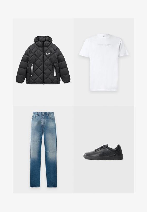 Zwarte gewatteerde jas met capuchon, voorrits, twee met rits afgesloten zakken met reflecterende accenten, en het EA7 Emporio Armani-logo op de borst.; Witte katoenen t-shirt met een ronde hals, korte mouwen en een reliëflogo "ARMANI EXCHANGE MILANO/NEW YORK" op de voorkant.; Lichtblauwe spijkerbroek van denim met een recht model, gegarendeerd waseffect en twee horizontale naden. Voorzien van vijf zakken en een knoopsluiting.; Zwarte leren sneaker met een gladde afwerking, ronde neus, textuurpaneel aan de zijkant en zwarte veters. Voorzien van een platte rubberen zool en een minimalistisch ontwerp.