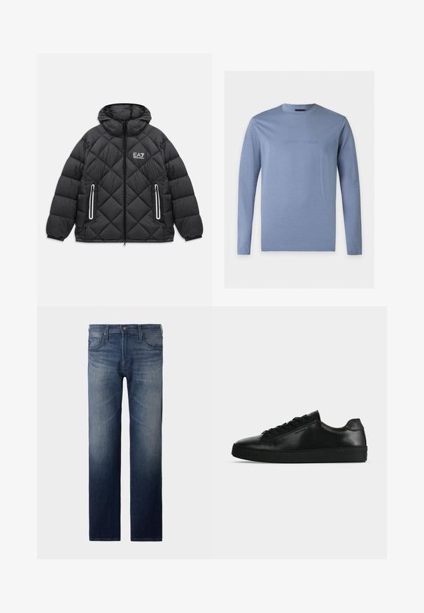 Zwarte gewatteerde jas met capuchon, voorrits, twee met rits afgesloten zakken met reflecterende accenten, en het EA7 Emporio Armani-logo op de borst.; Lichtblauw T-shirt met lange mouwen en ronde hals met geperst Emporio Armani-logo in het midden van de borst tegen een witte achtergrond.; Rechtemodel jeans in donkerblauwe wassing. Voorzien van vijf zakken, ritssluiting en knoopsluiting. Licht vervaagde structuur bij de dij. Denim stof.; Zwarte lage leren sneaker met zwarte veters en een dikke zwarte zool, getoond van opzij tegen een lichtgrijze achtergrond.