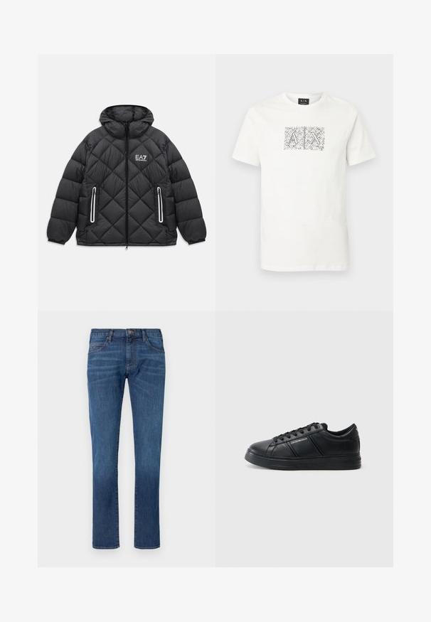 Sort quiltet jakke med hætte, frontlynlås, to lynlåslommer med reflekterende kanter, og EA7 Emporio Armani logo på brystet.; Hvid T-shirt med kortærmet, rund hals og et sort-hvidt abstrakt grafikmotiv med overlappende "A" og "X" bogstaver, placeret midt på brystet.; Blå denimjeans med lige ben, der har et klassisk design med fem lommer og knaplukning. Diskret falming over stofteksturområdet.; Sorte lædersneakers med en glat finish, rund tå, snørebånd foran, polstret krave og teksturerede sideaccenter. Subtile logo-detaljer synlige.
