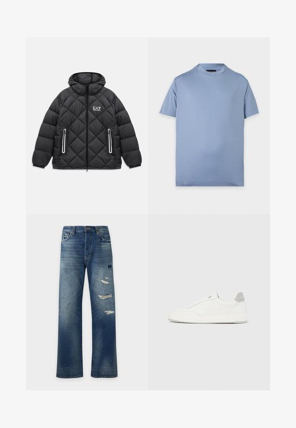 Schwarze gesteppte Jacke mit Kapuze, frontaler Reißverschluss, zwei mit Reißverschluss gesicherte Taschen mit reflektierenden Streifen und EA7 Emporio Armani Logo auf der Brust.; Schlichtes hellblaues Kurzarm-T-Shirt mit Rundhalsausschnitt und kleinem, dezentem Logo auf der linken Brustseite vor weißem Hintergrund.; Blaue Jeans mit geradem Bein, ausgewaschenen Bereichen und mehreren abgenutzten Stellen an den vorderen Oberschenkeln und Knien.; Weißer Sneaker mit niedrigem Schaft, grauem Fersenlaschen, weißen Schnürsenkeln und einer strukturierten Sohle, dargestellt vor einem schlichten hellen Hintergrund.