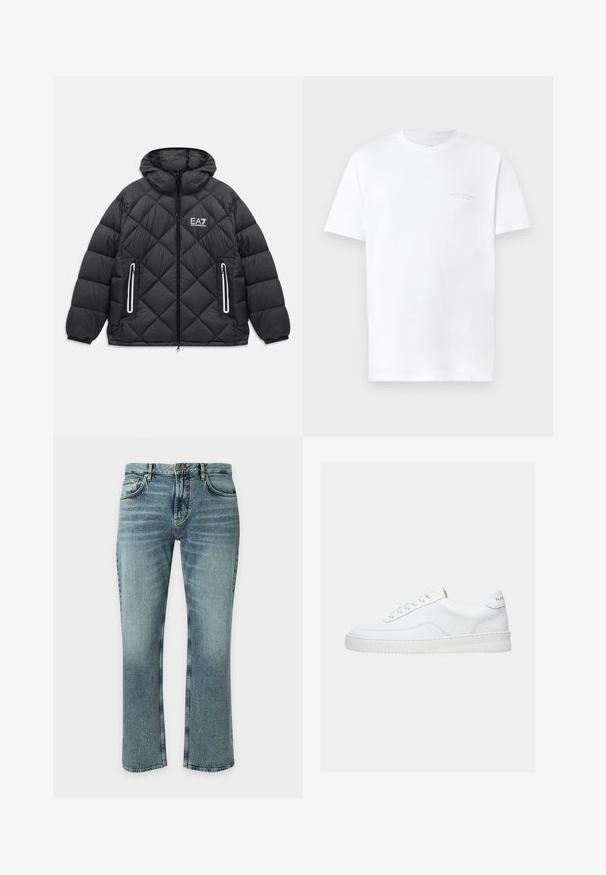 Čierna prešívaná bunda s kapucňou, predným zipsom, dvoma zipsovými vreckami s reflexnými detailmi a logom EA7 Emporio Armani na hrudi.; Biela bavlnená tričko s krátkymi rukávmi, okrúhlym výstrihom, s jemným sivým logom potlačeným na ľavej strane hrudi a hladkou textúrou.; Modré džínsy z denimu s mierne vyblednutým vzhľadom, klasický štýl s piatimi vreckami, zapínanie na gombíky a rovný strih nohavíc na jednofarebnom pozadí.; Biela nízka teniska so šnurovacím dizajnom, hladkým koženým zvrškom a hrubou podrážkou, zobrazená z bočného pohľadu na jednoduchom pozadí.
