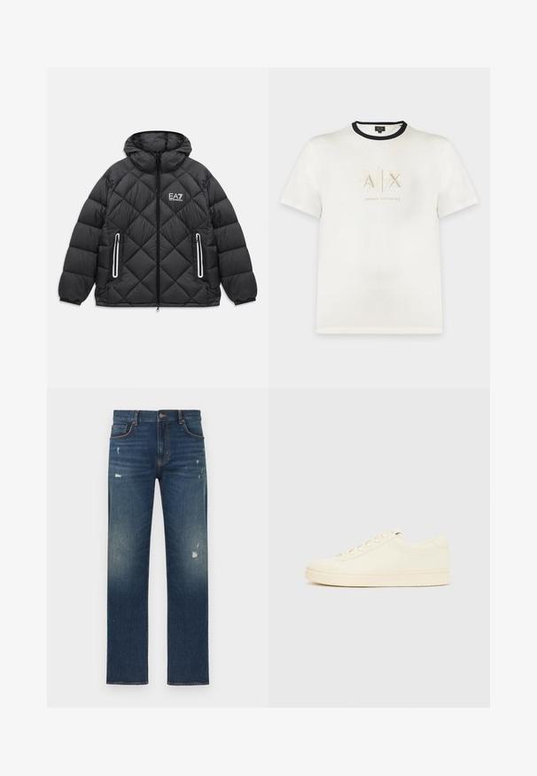 Mustmust nahkjakker, millel on kapuuts, ees luku, kaks lukuga taskut peegeldavate äärtega ja EA7 Emporio Armani logo rinnal.; Valge lühikeste varrukatega T-särk musta kraašaarega ja "A|X Armani Exchange" logo heledates toonides rinnal trükitud.; Sinised teksapüksid otsejalalõikega, millel on kerge kulumine ja tuhmumine, viis taskut ning vöökohal nööpkinnitus.; Kreemitonides spordijalats sileda nahkpealsega, ümarate varvastega, ees paelusega ja tekstuuriga kummist talla. Minimalistlik disain, ilma logodeta.