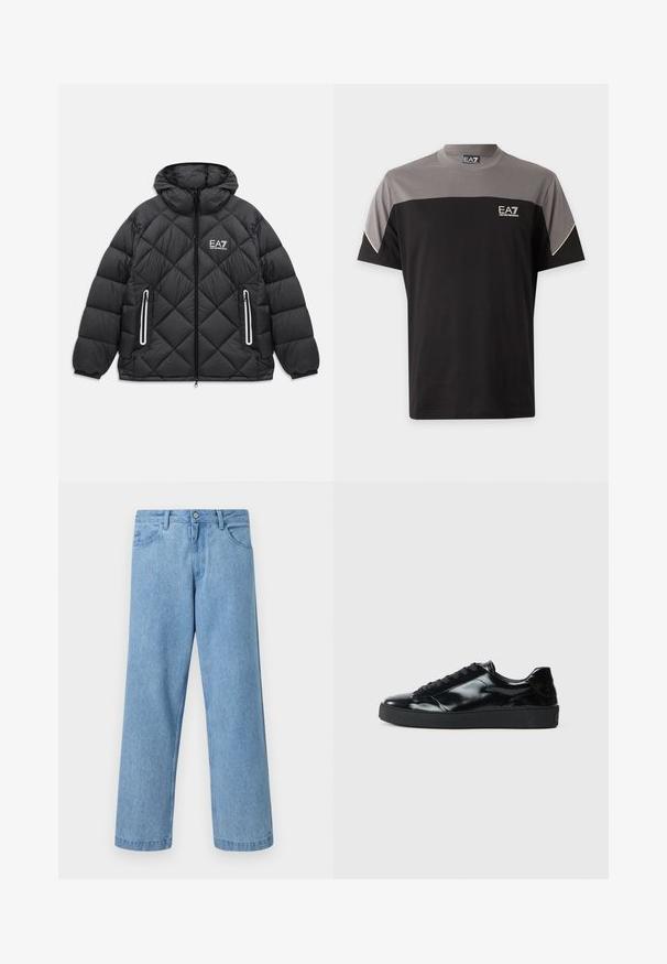 Sort quiltet jakke med hætte, frontlynlås, to lynlåslommer med reflekterende kanter, og EA7 Emporio Armani logo på brystet.; Sort og grå EA7 Emporio Armani T-shirt med korte ærmer, logo på brystet og hvid kant på ærmerne.; Lyseblå straight-leg denimjeans med forlommer, bæltestropper og knaplukning mod en ensfarvet baggrund.; Sorte laklæder sneakers med rund tå, snørredesign, tekstureret gummisål og en glat overflade.