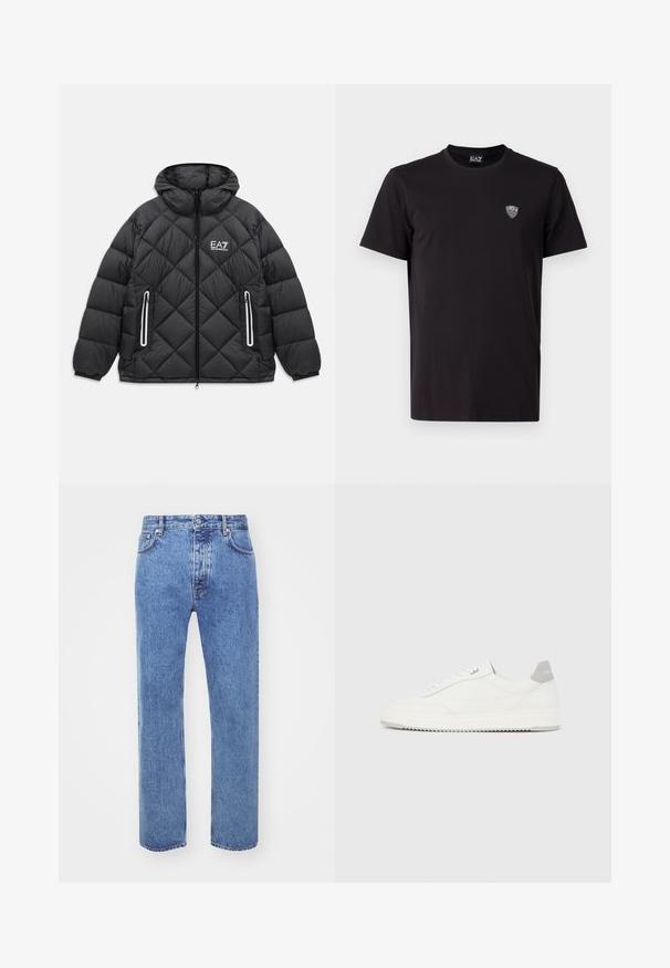 Sort quiltet jakke med hætte, frontlynlås, to lynlåslommer med reflekterende kanter, og EA7 Emporio Armani logo på brystet.; Sort kortærmet t-shirt lavet af glat stof, med et diskret broderet logo på venstre bryst og en klassisk rund halsudskæring.; Won Hundred STEVE - Jeans Relaxed Fit - cut blue; Hvid lavtop-sneaker med gråt hælflig, hvide snørebånd og tekstureret sål, vist på en ensfarvet lys baggrund.