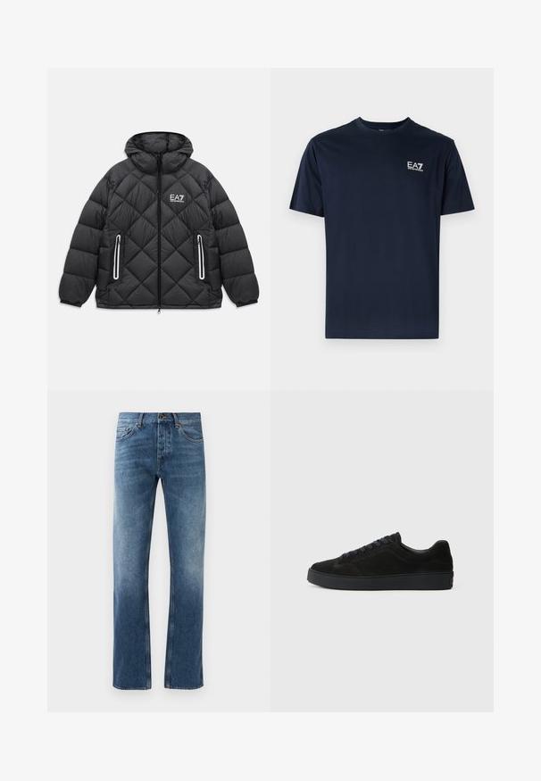 Sort quiltet jakke med hætte, frontlynlås, to lynlåslommer med reflekterende kanter, og EA7 Emporio Armani logo på brystet.; Mørkeblå bomulds t-shirt med korte ærmer, rund udskæring og EA7-logo i hvid på øverste venstre side. Glat tekstur, afslappet design.; Blå denim jeans med lige ben design, falmede vask, fem lommer og kontrastsyning. Knap- og lynlås-lukning i taljen.; Sort semsket sneakers med en flad, tekstureret sål, rund tå, seks snørrehuller og et minimalistisk design.