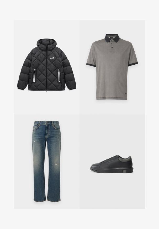 Čierna prešívaná bunda s kapucňou, predným zipsom, dvoma zipsovými vreckami s reflexnými detailmi a logom EA7 Emporio Armani na hrudi.; Polo tričko s krátkym rukávom v čierno-sivom kockovanom vzore, s čiernym golierom a tri gombíkmi. Mäkká látka s hladkým povrchom.; Denimové jeansy v stredne modrej farbe s rovný strihom, s jemným vyblednutím a poškodenými miestami. Klasický dizajn s piatimi vreckami a zapínaním na horný gombík.; Čierne kožené tenisky s hladkým povrchom, zaoblenou špičkou a tmavošedými akcentmi. Obsahujú šnurovací dizajn a štruktúrovanú gumovú podrážku.