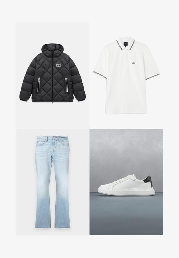 Schwarze gesteppte Jacke mit Kapuze, frontaler Reißverschluss, zwei mit Reißverschluss gesicherte Taschen mit reflektierenden Streifen und EA7 Emporio Armani Logo auf der Brust.; Weißes Polohemd mit Kragen, kurzen Ärmeln, schwarzem Saum am Kragen und an den Ärmeln sowie einem kleinen schwarzen Logo auf der linken Brust.; Hellblaue Jeans mit ausgestelltem Bein aus Denim. Sie verfügen über fünf Taschen, einen Knopf- und Reißverschluss sowie eine Verfärbung zum Saum hin.; Weiße Sneaker mit einem glatten Obermaterial aus Leder und einem kontrastierenden schwarzen Fersenakzent. Ausgestattet mit flachen Schnürsenkeln und einer strukturierten Gummisohle.