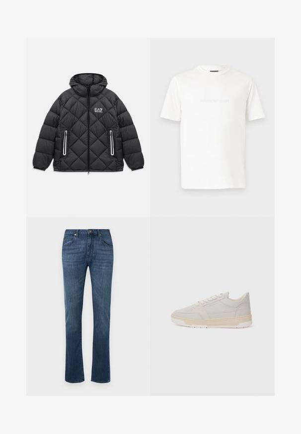 Zwarte gewatteerde jas met capuchon, voorrits, twee met rits afgesloten zakken met reflecterende accenten, en het EA7 Emporio Armani-logo op de borst.; Witte, korte mouw t-shirt met een ronde hals en een subtiel, geperst Emporio Armani-logo midden op de borst.; Blauwe denim jeans met rechte pijpen, riemlussen, knoopsluiting aan de voorkant, ritsvlieg en klassiek ontwerp met vijf zakken.; Lichtgrijze sneaker van suede met een crèmekleurige rubberen zool. Voorzien van platte veters, een minimalistisch ontwerp en subtiele branding aan de zijkant.