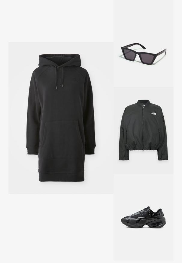 Čierna bomber bunda so zapínaním na zips, rebrovaným golierom a elastickým lemom. Obsahuje logo na hrudi a bočné vrecká na zips. Hladký, ľahký materiál.; Čierne mikinové šaty s kapucňou, klokaním vreckom, rebrovanými manžetami a nastaviteľnými šnúrkami. Vyrobené z mäkkej látky s uvoľneným strihom.; Čierny teniska s lesklými a sieťovanými panelmi, zaoblenými segmentmi podrážky a malými kvetinovými ozdobami pri päte a šnúrkach.; Čierne, ostré slnečné okuliare so sivými sklami; vyrobené z plastu, majú hrubé ramená s hladkým povrchom a bez viditeľnej mechaniky.