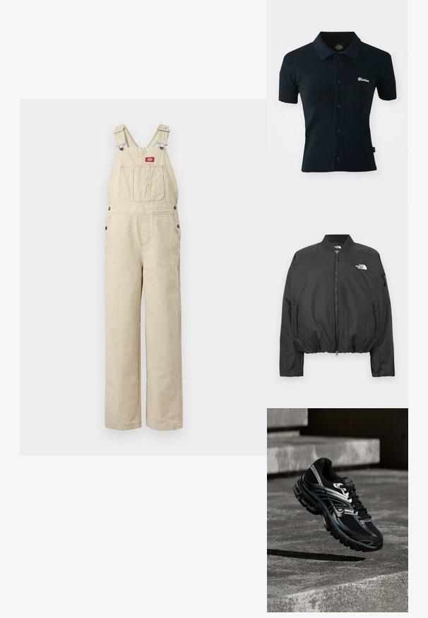 Schwarze Bomberjacke mit Reißverschluss, geripptem Kragen und elastischem Saum. Mit Logo auf der Brust und seitlichen Reißverschlusstaschen. Glattes, leichtes Material.; Beige-weiße Denim-Overalls mit Nadelstreifen, verstellbaren Trägern, einer Brusttasche vorne, Knöpfen an der Seite und locker geschnittenen, geraden Beinen.; Schwarzes Poloshirt aus geripptem Stoff. Mit kurzen Ärmeln, Kragen und einer Knopfleiste sowie einem weißen gestickten Logo auf der Brust.; Schwarzer und silberner Nike Laufschuh, der über Betontreppen schwebt und im Außenbereich detailliertes Design und strukturierte Sohle zeigt.