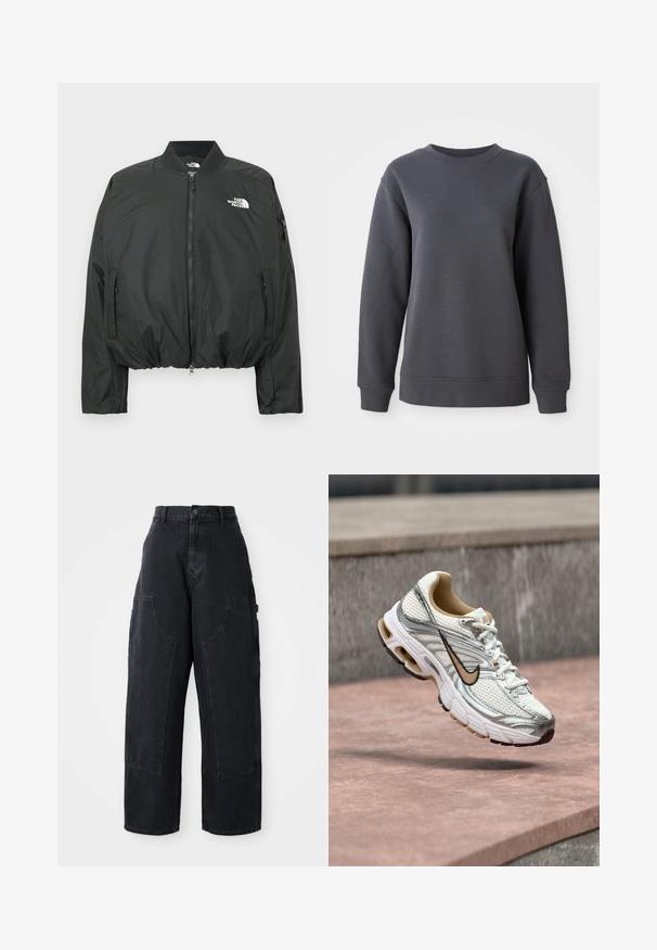 Zwarte bomberjack met ritssluiting, geribbelde kraag en elastische zoom. Voorzien van een logo op de borst en zijzakken met rits. Glad, lichtgewicht materiaal.; Grijze sweatshirt van textuurstof, met een ronde hals, lange mouwen en ribgebreide manchetten en zoom, met een relaxte pasvorm.; Zwarte denim cargo broek met wijde been, hoge taille, twee grote voorkanten zakken en een knoopsluiting bij de taille. Soepele textuur, casual ontwerp.; Witte en zilveren Nike hardloopschoen met een beige swoosh-logo, getoond zwevend boven een stenen oppervlak met een onscherpe grijze muur op de achtergrond.