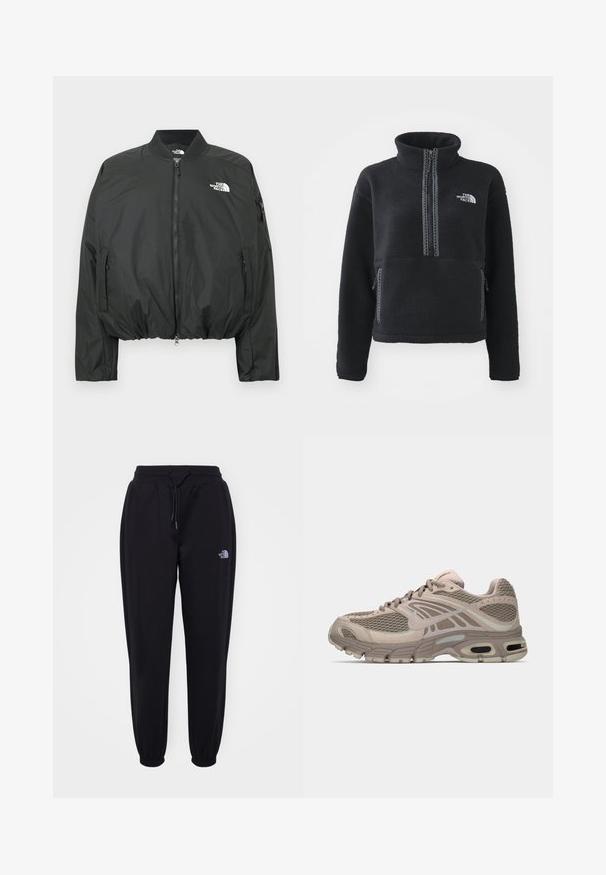 Chaqueta bomber negra con cierre de cremallera, cuello acanalado y dobladillo elástico. Presenta un logo en el pecho y bolsillos laterales con cremallera. Material liso y ligero.; Sudadera de polar negra con cuello alto, cremallera hasta el cuarto, bolsillo delantero y costuras de contraste. Presenta el logotipo de The North Face en el pecho.; Pantalones de chándal negros con cintura y puños elásticos, cordón de ajuste, bolsillos laterales y pequeño logo blanco de The North Face en el muslo derecho.; Zapatilla deportiva beige con parte superior de malla, acentos moldeados, punta redondeada y amortiguación de aire visible en la suela. Cintas en tono neutro.
